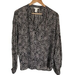 H & M Womens Floral Pattern Button Front Blouse Size‎ 8 Black Cream Long Sleeve